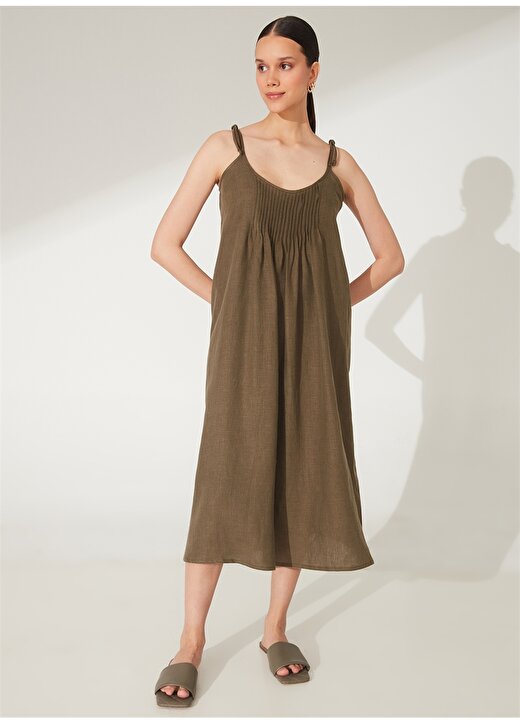 Fabrika Comfort Haki Kadın U Yaka Askılı Midi Keten Elbise CM-KELAS 1