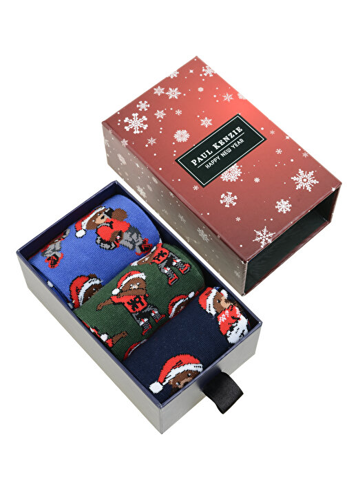Paul Kenzie 3'lü Çok Renkli Kadın Soket Çorap Teddy Christmas 2