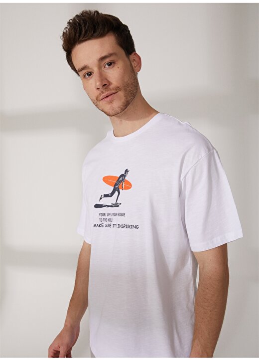 Limon Bisiklet Yaka Baskılı Beyaz Erkek T-Shirt WOS 3