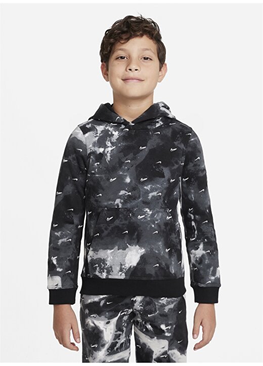 Nike Çocuk Siyah - Gri - Gümüş Kapüşonlu Sweatshirt DV3059-010 B NSW CLUB FLC PO FT AOP 1
