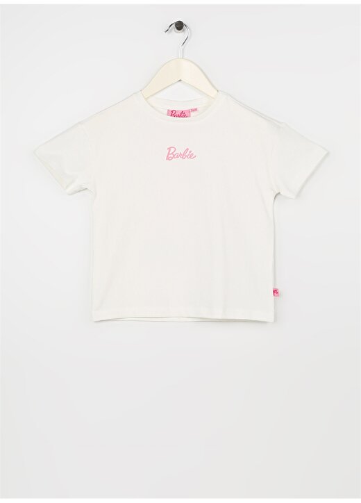 Barbie Ekru Kız Çocuk Bisiklet Yaka Düşük Omuz Oversize Baskılı T-Shirt 23SSB-09 1