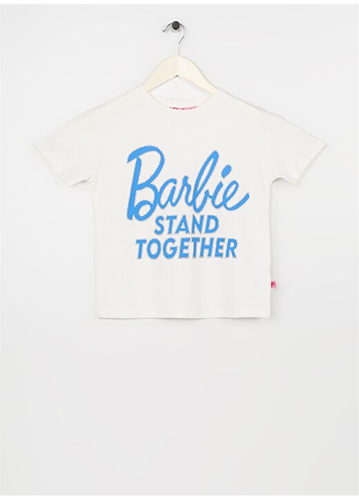 Barbie Ekru Kız Çocuk Bisiklet Yaka Düşük Omuz Oversize Baskılı T-Shirt 23SSB-54 1