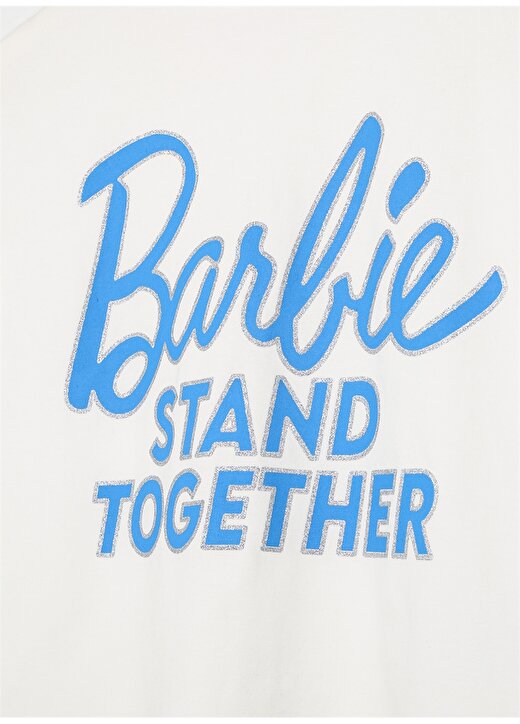 Barbie Ekru Kız Çocuk Bisiklet Yaka Düşük Omuz Oversize Baskılı T-Shirt 23SSB-54 3