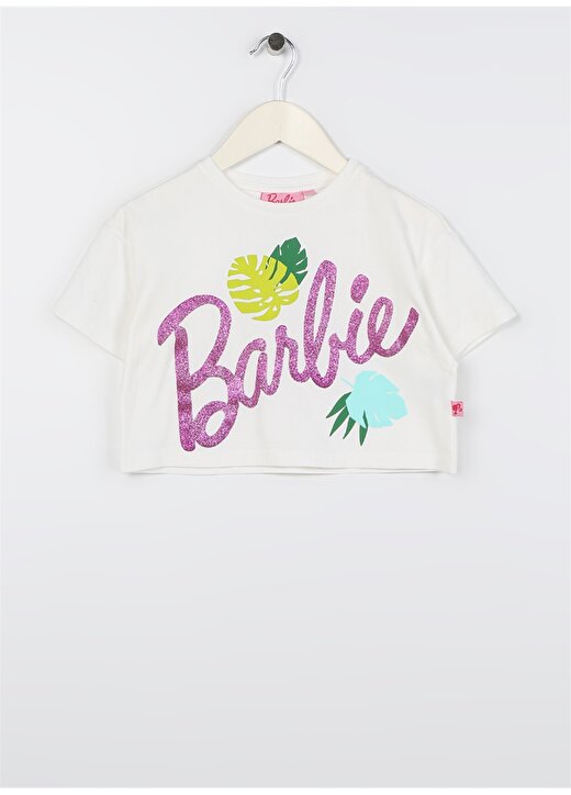 Barbie Ekru Kız Çocuk Bisiklet Yaka Düşük Omuz Baskılı T-Shirt 23SSB-19 1