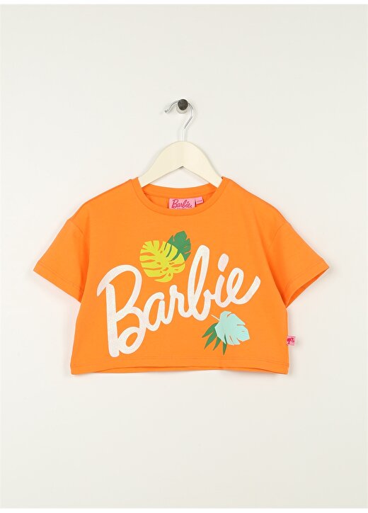 Barbie Turuncu Kız Çocuk Bisiklet Yaka Düşük Omuz Baskılı T-Shirt 23SSB-19 1