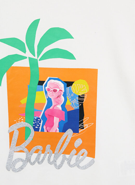 Barbie Ekru Kız Çocuk Bisiklet Yaka Düşük Omuz Oversize Baskılı T-Shirt 23SSB-06  3
