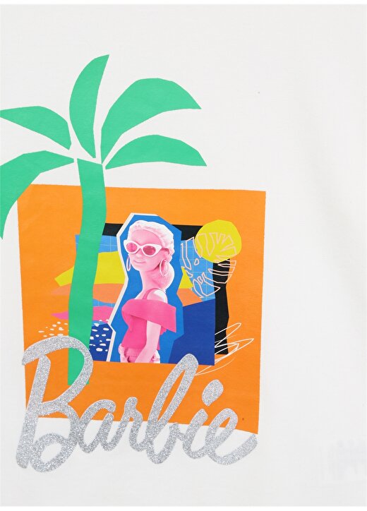Barbie Ekru Kız Çocuk Bisiklet Yaka Düşük Omuz Oversize Baskılı T-Shirt 23SSB-06 3