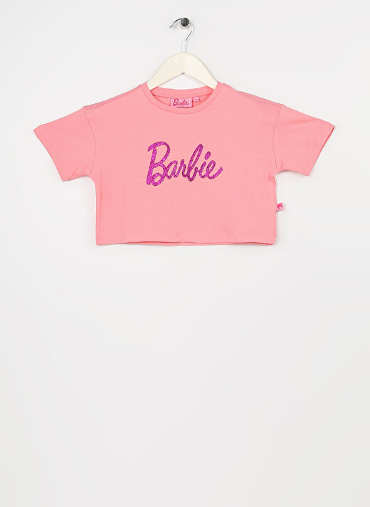 Barbie Pembe Kız Çocuk Bisiklet Yaka Düşük Omuz Crop Baskılı T-Shirt 23SSB-16  1