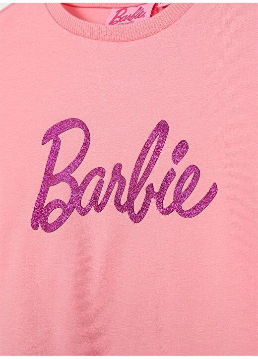 Barbie Pembe Kız Çocuk Bisiklet Yaka Düşük Omuz Crop Baskılı T-Shirt 23SSB-16 3