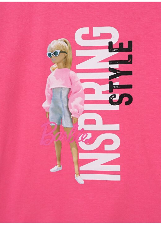 Barbie Fuşya Kız Çocuk Bisiklet Yaka Düşük Omuz Oversize Baskılı T-Shirt 23SSB-66 3