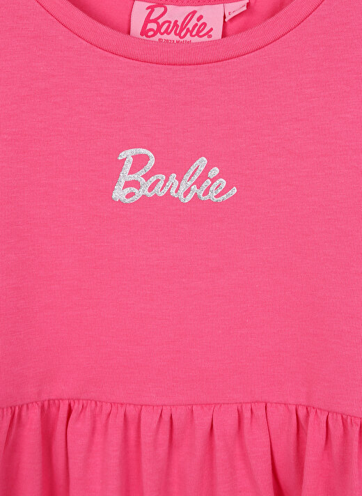 Barbie Pembe Kız Çocuk Bisiklet Yaka Kısa Kollu Diz Üstü Düz Elbise 23SSB-86  3