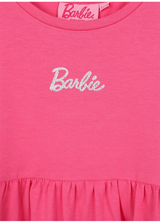 Barbie Pembe Kız Çocuk Bisiklet Yaka Kısa Kollu Diz Üstü Düz Elbise 23SSB-86 3