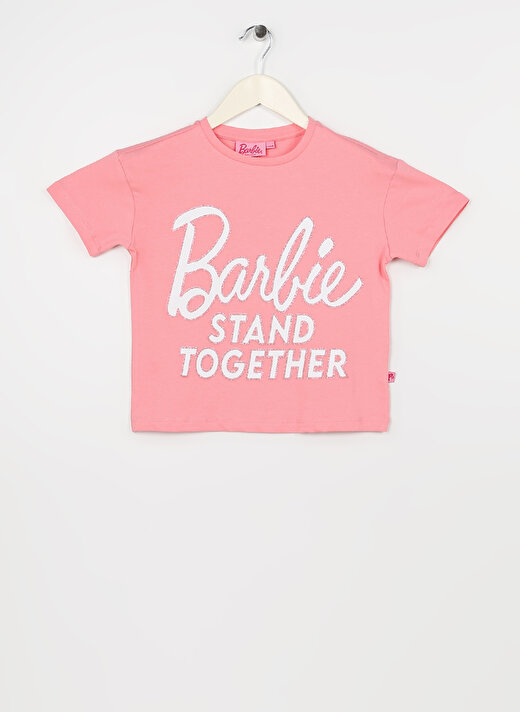 Barbie Açık Pembe Kız Çocuk Bisiklet Yaka Düşük Omuz Oversize Baskılı T-Shirt 23SSB-54  1