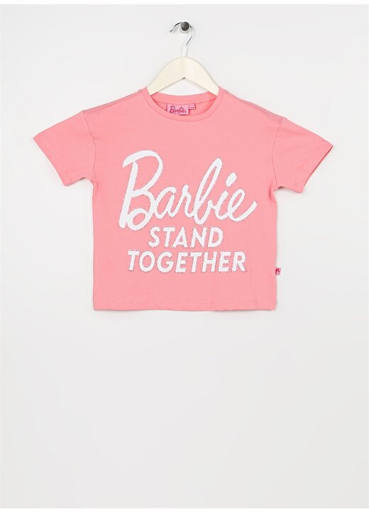 Barbie Açık Pembe Kız Çocuk Bisiklet Yaka Düşük Omuz Oversize Baskılı T-Shirt 23SSB-54 1