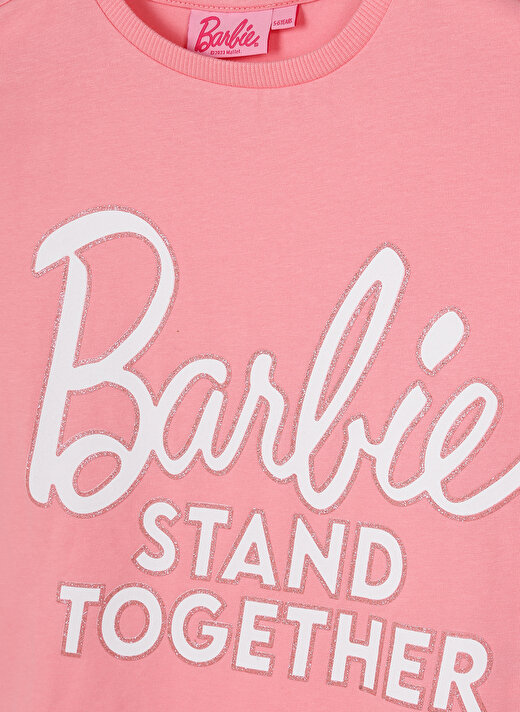 Barbie Açık Pembe Kız Çocuk Bisiklet Yaka Düşük Omuz Oversize Baskılı T-Shirt 23SSB-54  3