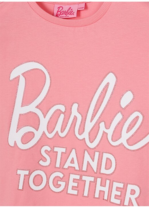 Barbie Açık Pembe Kız Çocuk Bisiklet Yaka Düşük Omuz Oversize Baskılı T-Shirt 23SSB-54 3