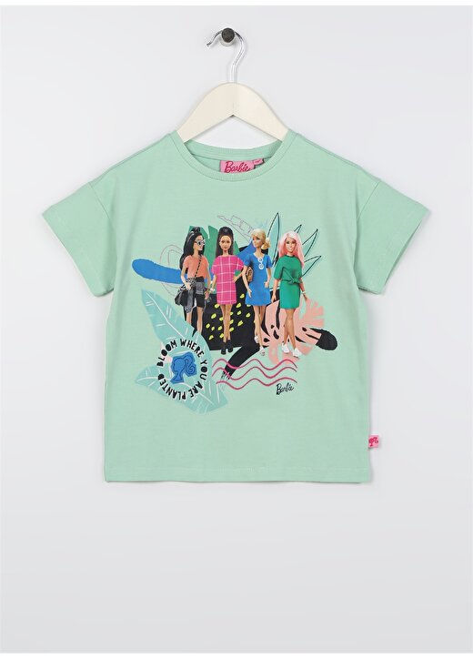 Barbie Açık Yeşil Kız Çocuk Bisiklet Yaka Düşük Omuz Oversize Baskılı T-Shirt 23SSB-11 1