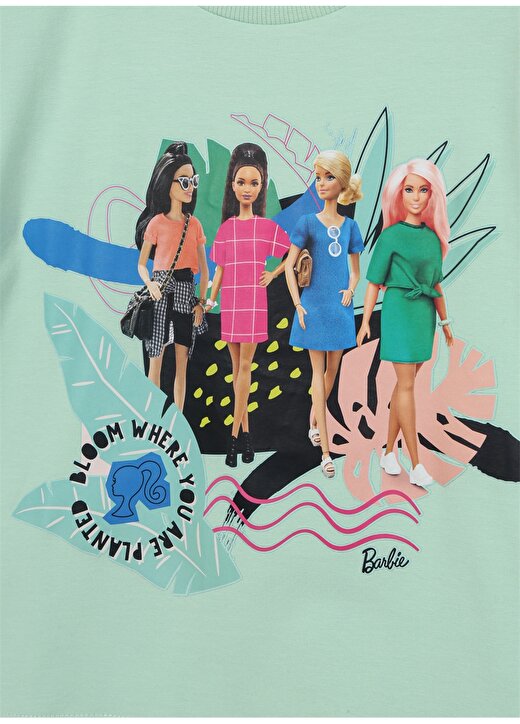 Barbie Açık Yeşil Kız Çocuk Bisiklet Yaka Düşük Omuz Oversize Baskılı T-Shirt 23SSB-11 3