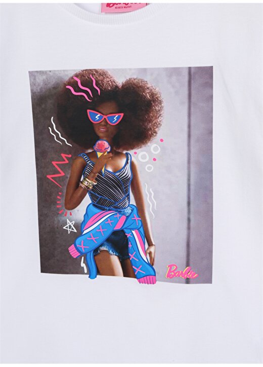 Barbie Ekru Kız Çocuk Bisiklet Yaka Düşük Omuz Oversize Baskılı T-Shirt 23SSB-51 3