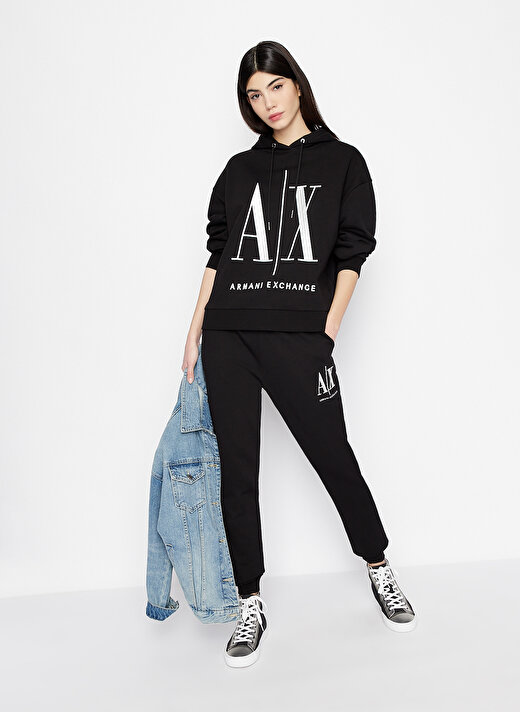 Armani Exchange Kapüşon Yaka Baskılı Siyah Kadın Sweatshırt 8NYM52 1