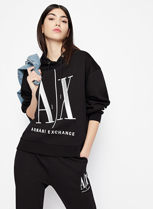 Armani Exchange Kapüşon Yaka Baskılı Siyah Kadın Sweatshırt 8NYM52 3