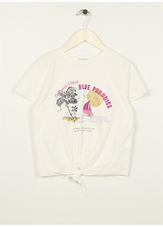 Limon Ekru Kız Çocuk Bisiklet Yaka Kısa Kollu Baskılı T-Shirt FOUR GIRL-23 1