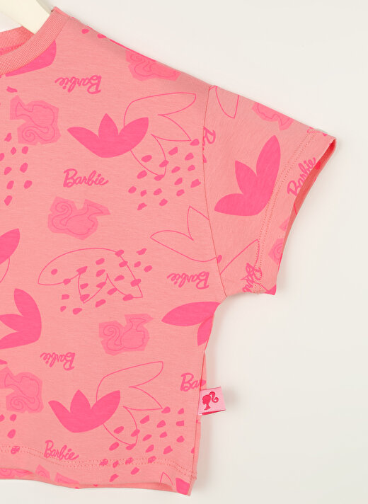 Barbie Pembe Kız Çocuk Bisiklet Yaka Düşük Omuz Crop Top Baskılı T-Shirt 23SSB-14  3