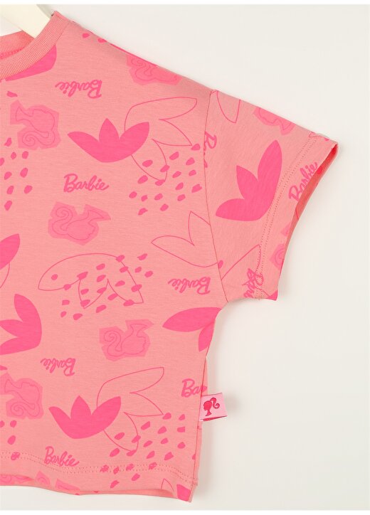 Barbie Pembe Kız Çocuk Bisiklet Yaka Düşük Omuz Crop Top Baskılı T-Shirt 23SSB-14 3