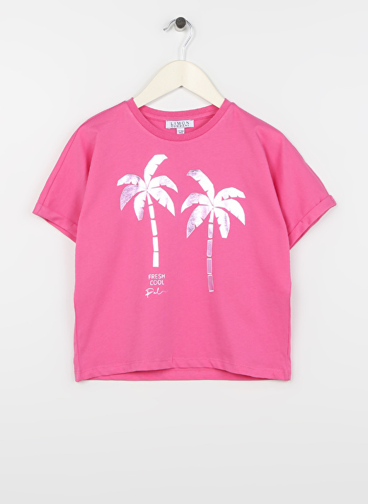 Limon Fuşya Kız Çocuk Bisiklet Yaka Kolsuz Varaklı T-Shirt PALM GIRL-23   1