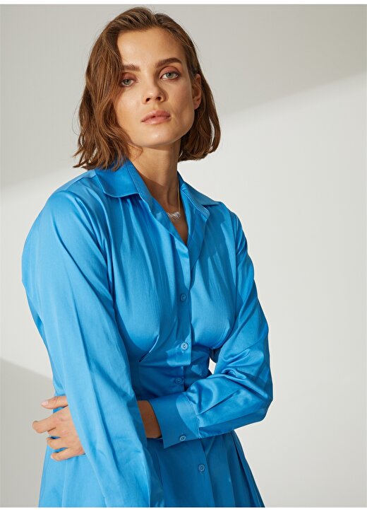 Didem Soydan X Fabrika Gömlek Yaka Düz Mavi Mini Kadın Elbise D2030 2