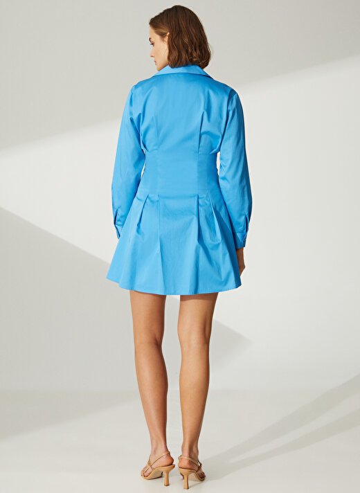 Didem Soydan X Fabrika Gömlek Yaka Düz Mavi Mini Kadın Elbise D2030 4