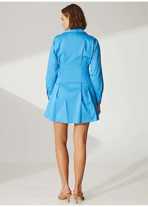 Didem Soydan X Fabrika Gömlek Yaka Düz Mavi Mini Kadın Elbise D2030 4