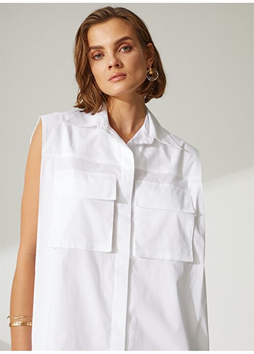 Didem Soydan X Fabrika Uzun Gömlek Yaka Düz Beyaz Kadın Gömlek D149 2