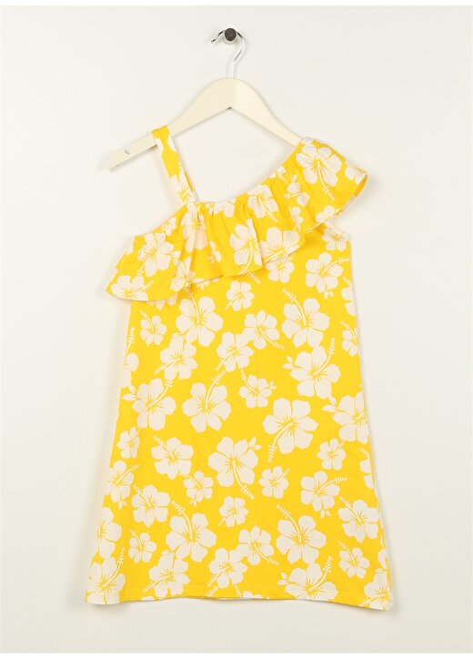 Limon Sarı Kız Çocuk Kayık Yaka Askılı Diz Üstü Desenli Elbise CORAL GIRL-23 1