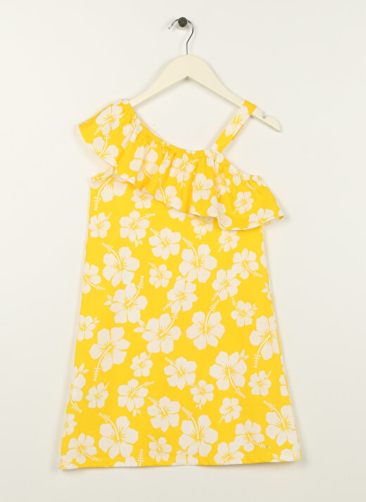 Limon Sarı Kız Çocuk Kayık Yaka Askılı Diz Üstü Desenli Elbise CORAL GIRL-23  2