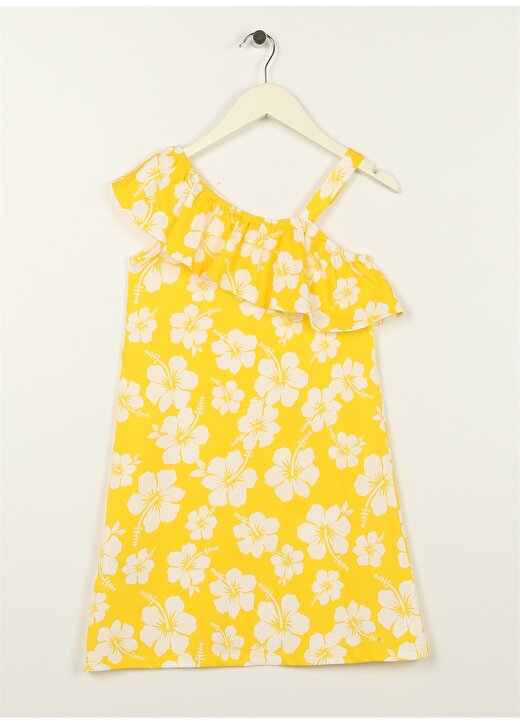 Limon Sarı Kız Çocuk Kayık Yaka Askılı Diz Üstü Desenli Elbise CORAL GIRL-23 2