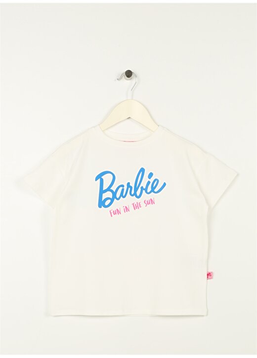 Barbie Ekru Kız Çocuk Bisiklet Yaka Düşük Omuz Oversize Baskılı T-Shirt 23SSB-57 1