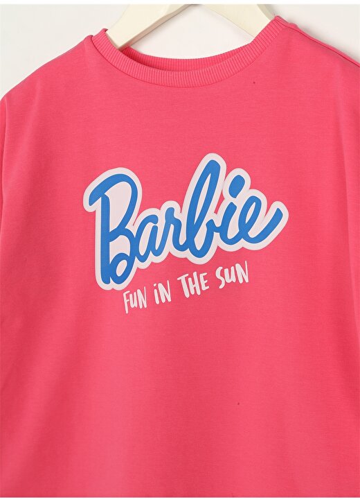 Barbie Fuşya Kız Çocuk Bisiklet Yaka Düşük Omuz Oversize Baskılı T-Shirt 23SSB-57 3