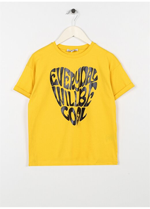Limon Sarı Kız Çocuk Bisiklet Yaka Yarım Kollu Baskılı T-Shirt COOL GIRL-23 1