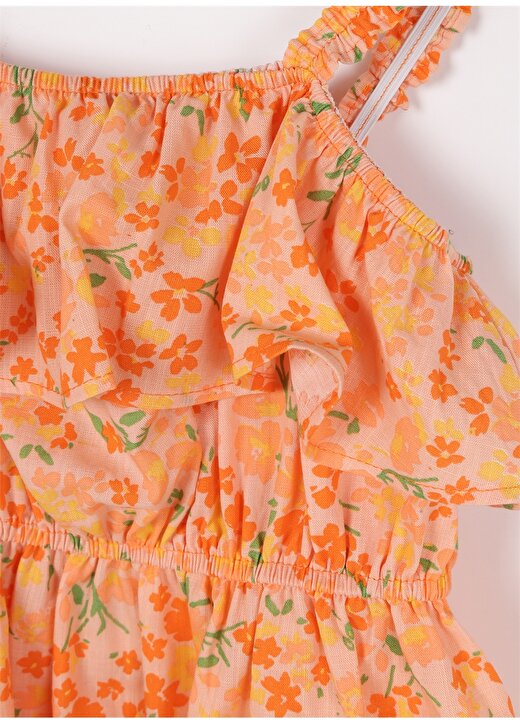 Koton Turuncu Kız Çocuk Kare Yaka Askılı Diz Altı Desenli Elbise 3SKG80013AW 3
