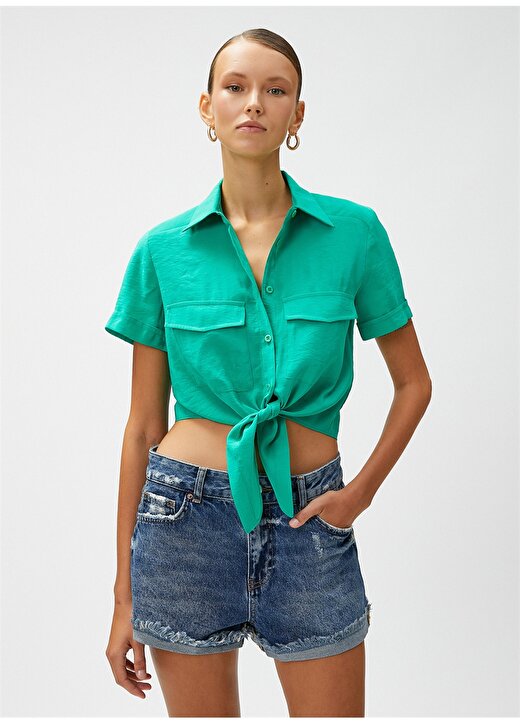 Koton Standart Gömlek Yaka Düz Yeşil Kadın Gömlek 3SAK60001EW 3