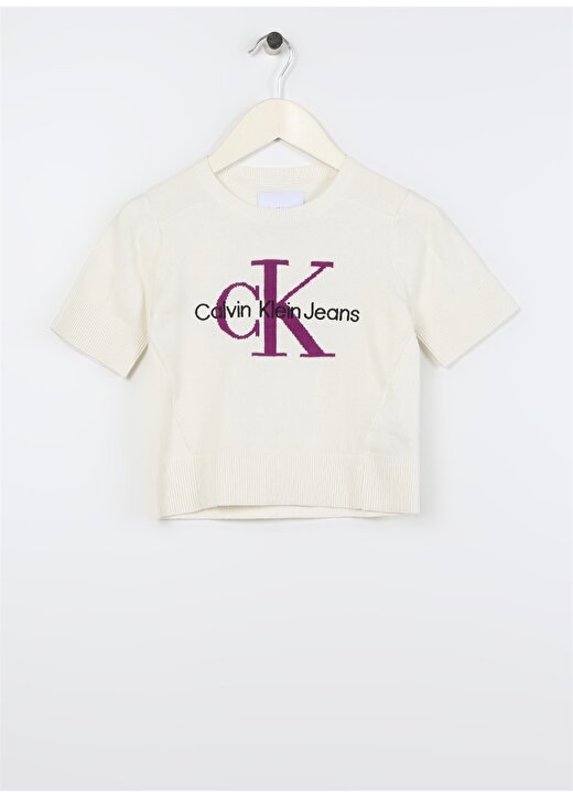 Calvin Klein Beyaz Kız Çocuk Bisiklet Yaka Yarım Kollu Baskılı Kazak IG0IG01844YBI 1
