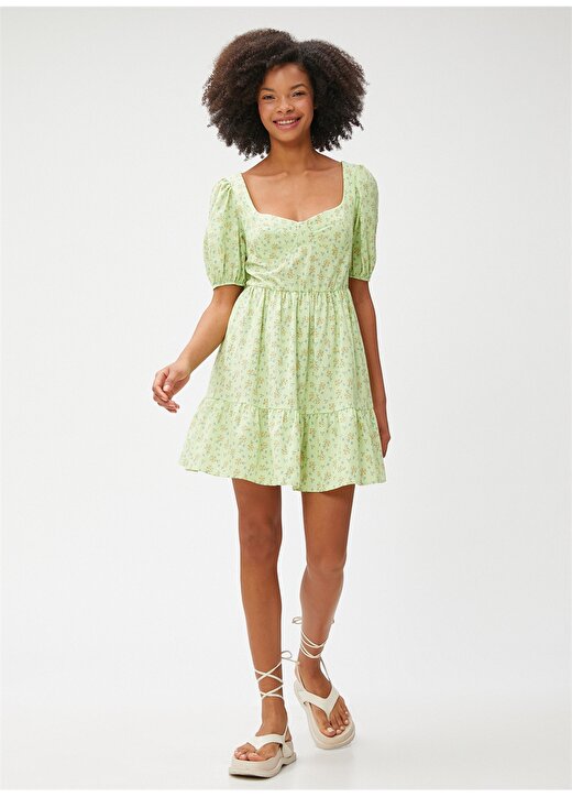 Koton Yeşil Kadın Kalp Yaka Kısa Kol Kısa Desenli Elbise 3SAL80017IW 2