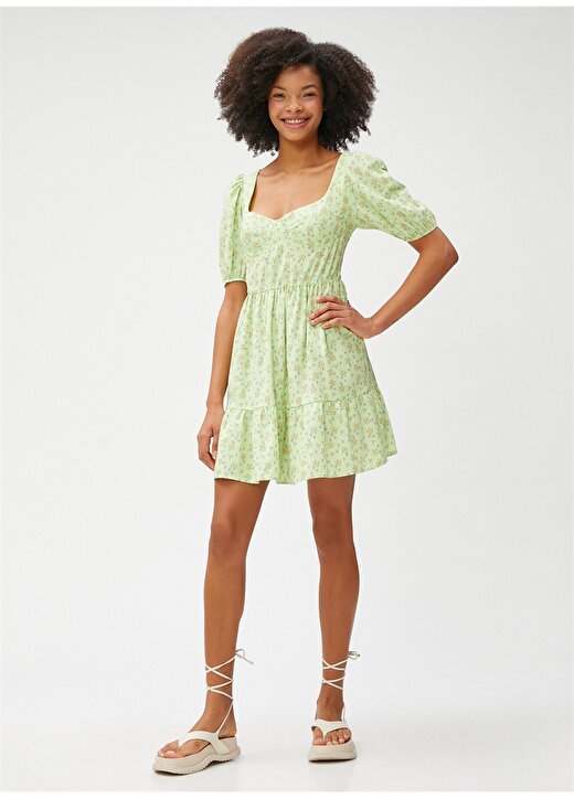 Koton Yeşil Kadın Kalp Yaka Kısa Kol Kısa Desenli Elbise 3SAL80017IW 3