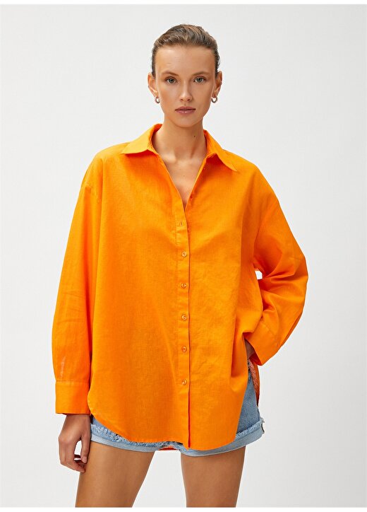 Koton Standart Gömlek Yaka Düz Turuncu Kadın Gömlek 3SAK60019PW 3