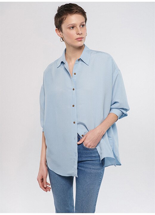 Mavi Gömlek Yaka Açık Mavi Kadın Gömlek M1210339-83927 UZUN KOL GÖMLEK Açık 2
