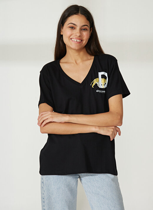 Discovery Expedition V Yaka Baskılı Siyah Kadın T-Shirt W-MERCAN 1