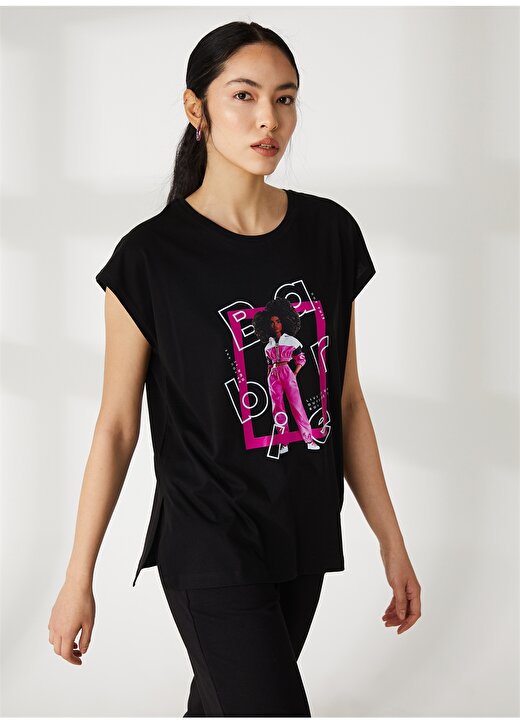 Barbie Siyah Kadın Bisiklet Yaka Oversize Baskılı T-Shirt 23KB-04 2