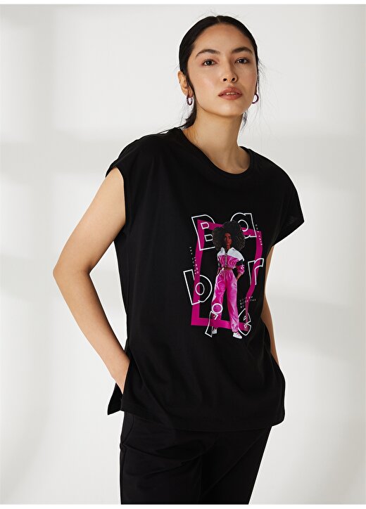Barbie Siyah Kadın Bisiklet Yaka Oversize Baskılı T-Shirt 23KB-04 4