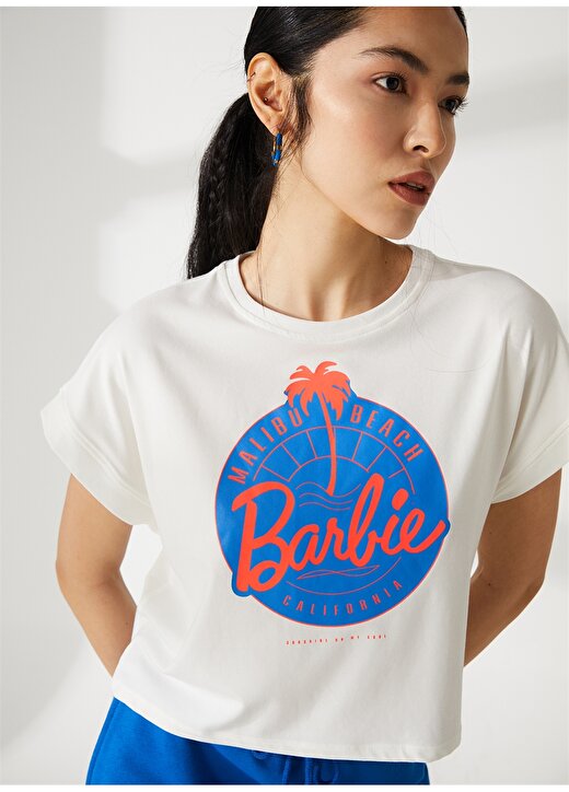 Barbie Ekru Kadın Bisiklet Yaka Baskılı T-Shirt 23KB-03 2